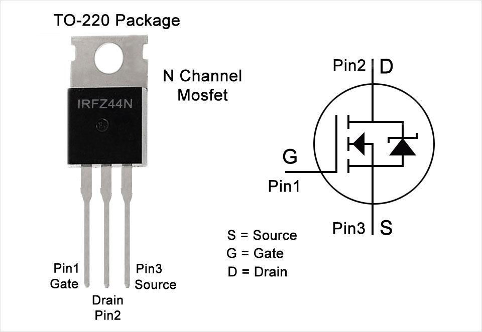Diagram of the transistor used, labeling the different pins.