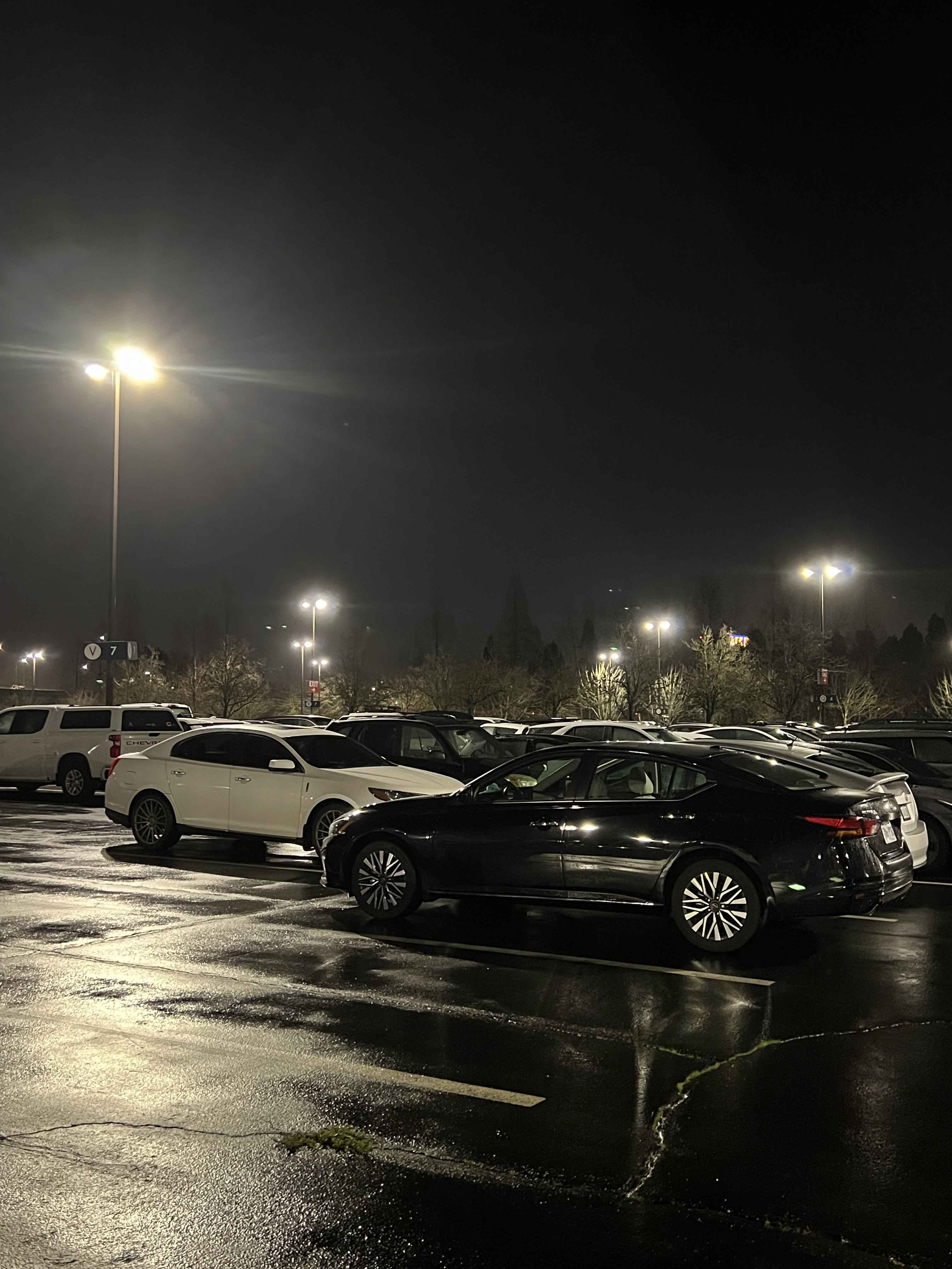 Ryan's Nissan Altima in the overflow airport lot in the dark rainy morning.