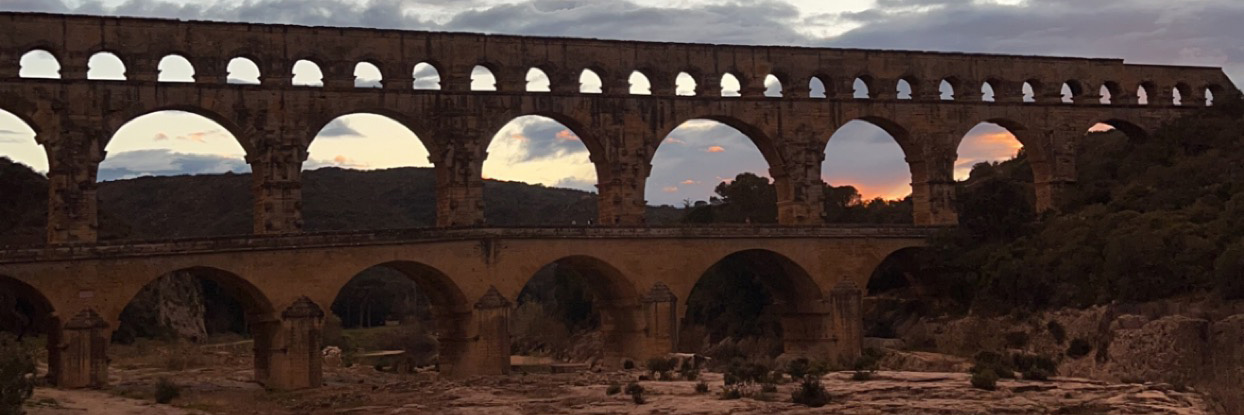 Pont du Gard during sunset.