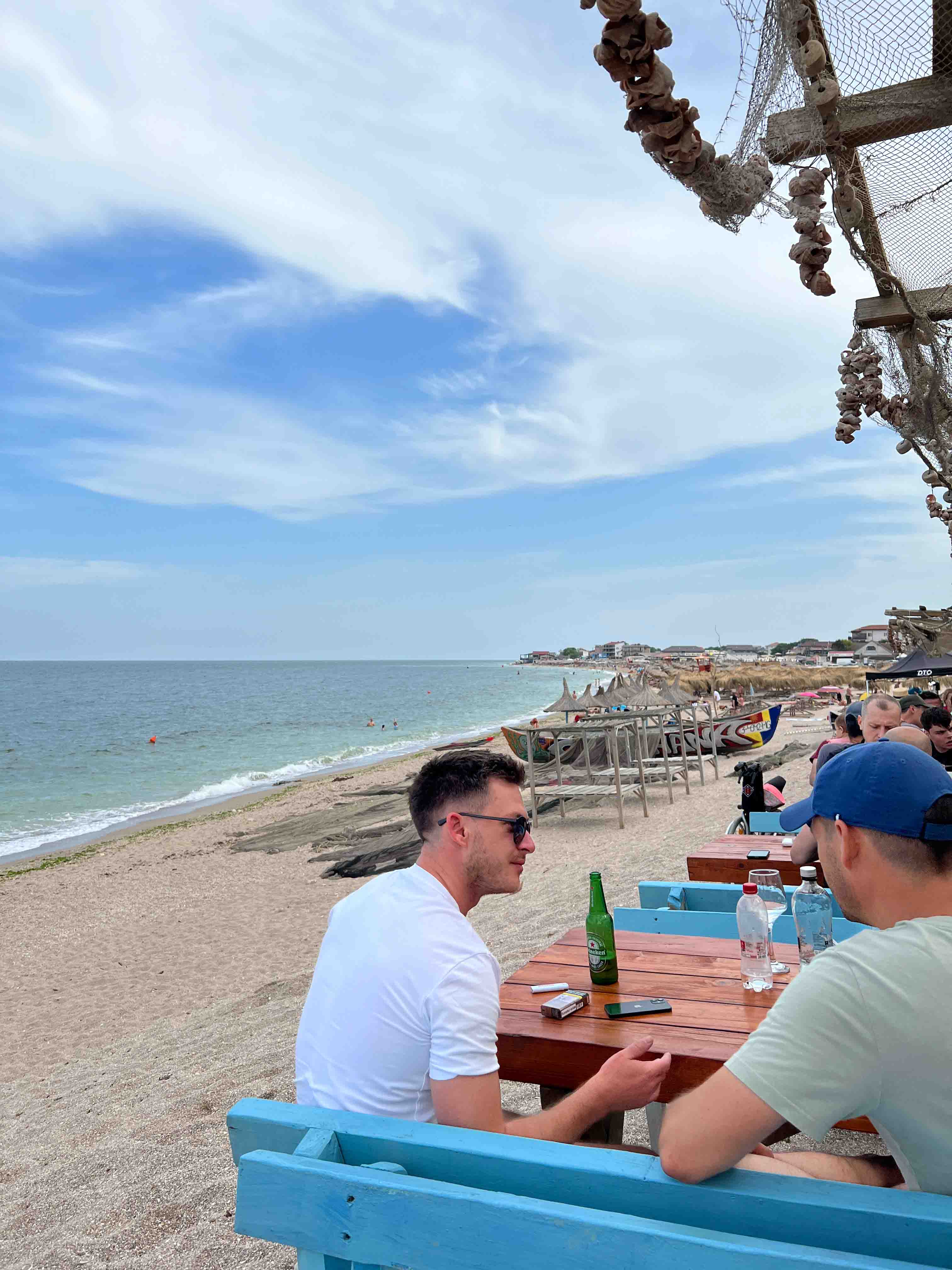 The view of the beach and sea from our table on the sand.