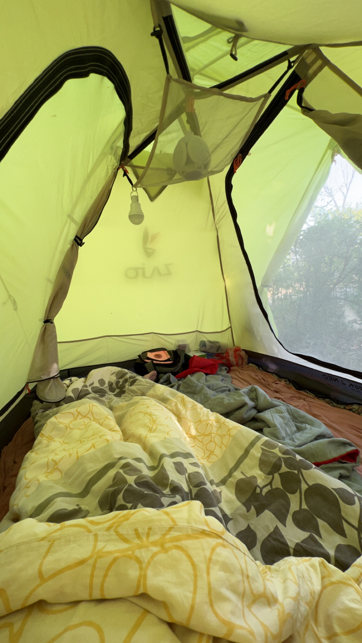 The inside of our tent after we unpacked.
